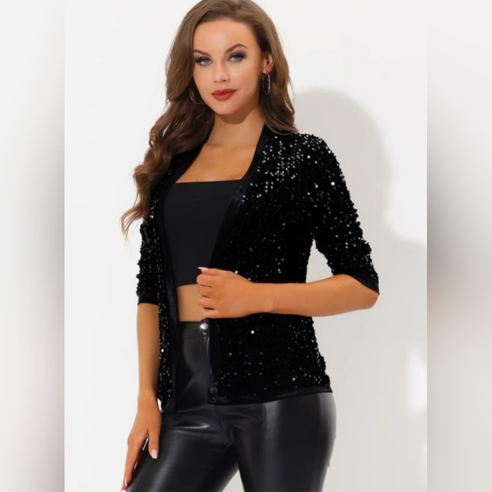 Allegra K - Sequin Blazer Cardigan Jacket Open Front - Black